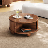 Round Fluted Coffee Table with Storage, Pine Solid Wood, Sliding Door