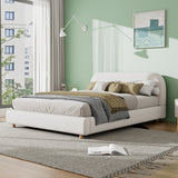 Queen Size Upholstered Bed With Boucle Fabric,Curved-Shape Design Thick Headboard, Solid Wood Legs,White
