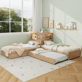 L-Shaped Combination Twin Bed Frame with Trundle and Drawer,3-in-1 Low Corner Platform Bed Linked with Built-in Desk and Led Downlight, Natural