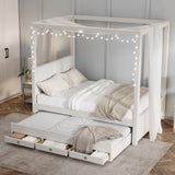 Upholstery Canopy Platform Bed with Trundle and Three Storage Drawers, Beige