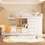 Full Size Bunk Bed with 2 Large Drawers & 5 Small Drawers, MDF & Solid Wood Construction, Modern Storage Design with Small Wardrobe
