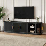Farmhouse Wooden TV Stand with Sliding Tambour Door for TVs up to 75", Fluted Media Console with Adjustable Storage, Golden Handle TV Cabinet with Cable holes for Living Room