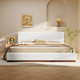 Elegant White Fabric Upholstered Bed With Nice Wood Grain Textured Solid Wood Base Frame,White