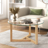 Round Glass Coffee Table Modern Cocktail Table Easy Assembly with Tempered Glass Top & Sturdy Wood Base, Natural
