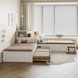 Twin Size L-Shaped Platform Bed with Storage Cabinets,Desk,Trundle and LED Light