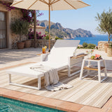 Patio Chaise Lounge Set with 4-Position Adjustable Back, Side Table&Foldable Arm, Rust-resistant Outdoor Recliner Lounger Daybed,Teak,White