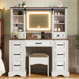 47.2" Farmhouse Makeup Vanity Desk with Sliding Mirror, Large Vanity Set with LED Lights, Dressing Table with Storage Stool and 9 Drawers, Ample Storage, White and Brown