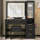 43.5" Vanity Desk with Mirror and Lights, Fluted Makeup Vanity with Charging Station, 5 Drawers and a Glass Door Cabinet, Dressing Table set with Hairdryer Holder and Storage Stool for Bedroom, Black