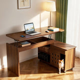 55.1''L, Walnut Home Office L-Shaped Executive Desk , Height Adjustable Desk with Storage Drawers and Cabinet