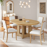 Farmhouse Extendable Round Dining Table Set for 4, 5-Piece Kitchen Table Set with 4 Upholstered Chairs and 16inch Removable Leaf for Small Places