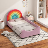 Rainbow Upholstered Daybed Low to The Ground Design Cute Style Princess Bed for Boys & Girls, Teens, Colorful & Pink