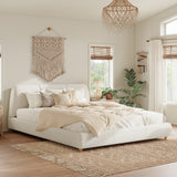 King Size Modern Upholstered Bed Frame with Linen Fabric and Solid Wood Legs, White