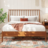 Solid Bamboo Wood Spindle Platform Queen Bed with 46.5" Tall Headboard, Bohemian Bed Frame with Wooden Slats and Metal Support, Mid-Century Modern Style,No Box Spring Needed