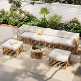 7 Pieces Outdoor Patio Furniture, All-Weather Rattan Sectional Sofa Set with Thick Cushions and Pillows, Freely Combined Conversation Sets for Garden, Backyard, Balcony, Beige