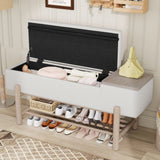 Farmhouse Upholstered Storage Bench, Modern Entryway Bench with Hidden Compartment & Lower Rack, Natural