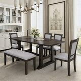 6-Piece Extendable Trestle Dining Table Set, Wood Kitchen Table with 17.7" Removable Leaf, 4 Upholstered Chairs & Bench
