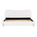Boucle Upholstered Platform Bed with Wavy Headboard & Vertical Stitching, King Size Bed Frame, White