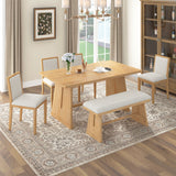 6-Piece Rustic Farmhouse Dining Set, Oak Veneer Dining Table with Trapezoid Legs, 4 Linen Upholstered Chairs+1 Bench