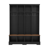 Farmhouse 59"W Wide Hall Tree with 8 Hooks, Practical Entryway Bench with Open Compartments, 76.7"H Modern 3-in-1 Wooden Style Coat and Shoe Rack for Mudroom, Living Room, Black