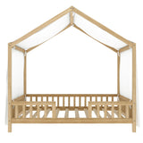 Twin Size Montessori Floor Bed with Canopy, House Shape Toddler Bed Frame with Guardrails, Wood Kids Bed, Natural