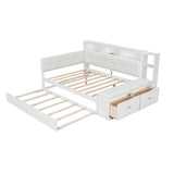 Full Size Daybed Sofa Bed Frame with Trundle, Storage Shelves, Charging Station & Upholstered Side Bench