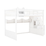 Queen Size Wooden Loft Bed Bunk Bed Frame with Built-In Wardrobe & Storage Shelves