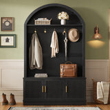 All-in-1 Arched Hall Tree Mudroom Coat Rack Organizer Entryway Bench Shoe Storage Cabinet with Hooks & Adjustable Shelves, Black