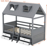 Twin Size Loft Bed Wood House Bed Frame with Drawers
