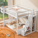 Queen Size Wooden Loft Bed Bunk Bed Frame with Built-In Wardrobe & Storage Shelves