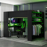 Full Size Wood Bunk Bed with height-adjustable Desk,Wardrobe,Ample Storage Space,and RGB Light, Green