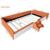 Twin Size Kid Platform Bed Frame Velvet Upholstered Daybed Toddler Bed with Storage Ottoman, Padded Guardrails & Stairs, Brown+White