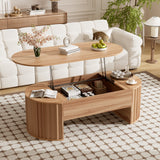 Lift Top Coffee Table with Hidden Storage, Oval Wooden Center Table, Space-Saving Home Furniture, Natural