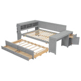 Full Size Daybed with Storage, Trundle Bed, Built-In Desk, LED Light & Charging Station, Gray