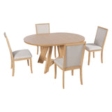 5-Piece Farmhouse Extendable Round Dining Table Set, Kitchen Table with 18" Removable Leaf & 4 Upholstered Dining Chairs