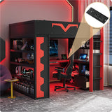 Full Size Gaming Loft Bed with Desk & App-Controlled RGB Lights, Pro-Gamer Bed Frame with Power Outlet, Shelves & Pegboard
