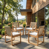 2pcs Outdoor Dining Chair Set, Acacia Wood Frame Armchairs Patio Side Chair with Rope Back & Water-Repellent Beige Cushions, Light Teak
