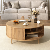 Round Lift-Top Coffee Table with Hidden Storage, Center Table with Sliding Door & Pine Legs for Living Room, Apartment, Bedroom