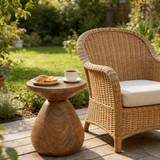 Round Side Table, Faux Wood Sculptural Accent Table for Indoor/Outdoor, Lightweight MGO Pedestal End Table, Natural
