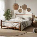 King Size Platform Bed Frame with Upholstered Headboard & Sturdy Solid Poplar Frame, Beige & Walnut