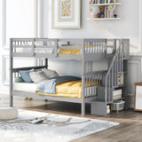 Full Over Full Bunk Bed with Storage Stair & Safety Guardrails, Convertible to 2 Platform Bed