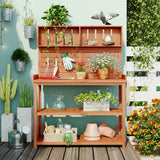 65"H Patio Potting Bench Table, Wooden Farmhouse Garden Workstation with 4 Storage Shelves and Side Hook