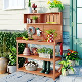 65"H Patio Potting Bench Table, Wooden Farmhouse Garden Workstation with 4 Storage Shelves and Side Hook
