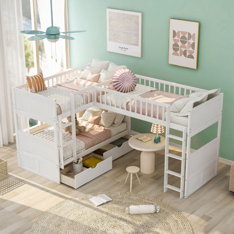 Twin over Twin Bunk Bed with Twin Size Loft Bed with 2 Drawers