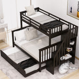 Twin over Full Bunk Bed with Trundle, Storage Shelves, Stairs & Safety Guardrails, Convertible to 2 Platform Bed, Espresso