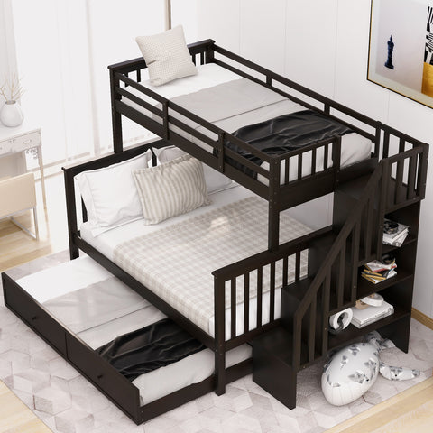 Twin over Full Bunk Bed with Trundle, Storage Shelves, Stairs & Safety Guardrails, Convertible to 2 Platform Bed, Espresso