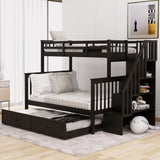 Twin over Full Bunk Bed with Trundle, Storage Shelves, Stairs & Safety Guardrails, Convertible to 2 Platform Bed, Espresso