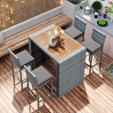 5 PCS Outdoor Patio Acacia Wood Top Wicker Bar with Bar Stools and Removable Cushions,Gray