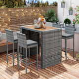 5 PCS Outdoor Patio Acacia Wood Top Wicker Bar with Bar Stools and Removable Cushions,Gray
