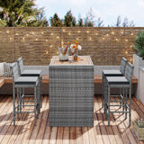 5 PCS Outdoor Patio Acacia Wood Top Wicker Bar with Bar Stools and Removable Cushions,Gray