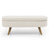 Oval Storage Bench with Rubberwood Legs, Modern Tufted Ottoman, Beige - ModernLuxe